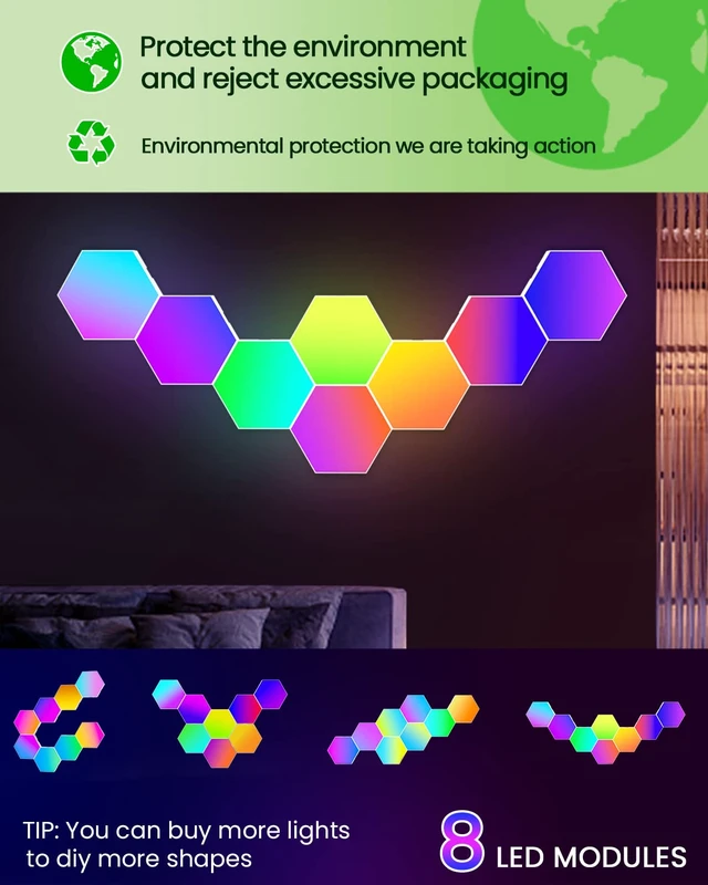 Alt view image 4 of 7 - 8 Pack Hexagon LED Lights Wall Panels, Smart RGB Gaming Lights with APP & Music Sync, DIY Modular Hex Tiles, USB-Powered for Autism/Game Room/Party Decor
