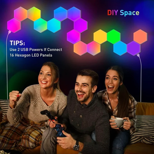 Alt view image 7 of 7 - 8 Pack Hexagon LED Lights Wall Panels, Smart RGB Gaming Lights with APP & Music Sync, DIY Modular Hex Tiles, USB-Powered for Autism/Game Room/Party Decor