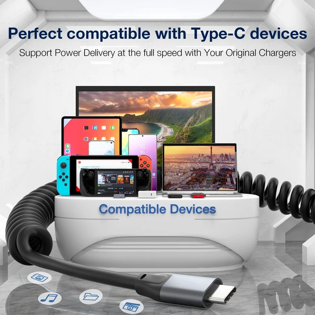 Alt view image 7 of 7 - Coiled USB C to USB C Cable 100W 3.3ft, USB C 3.2 Gen2 20Gbps Cable | 4K Video Retractable Type C Charger Cord Fast Charging for iPhone 17 16 Pro Max,MacBook Pro/Air,iPad Pro,Galaxy S26/S25/S24