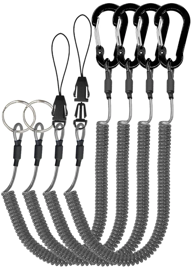 Main image of Detachable Spiral Stretchy Coiled Lanyard with Carabiner | Ring and Quick Release Type, Outdoor Hunting Fishing Equipment Tool Tether Leash, Black 4pcs