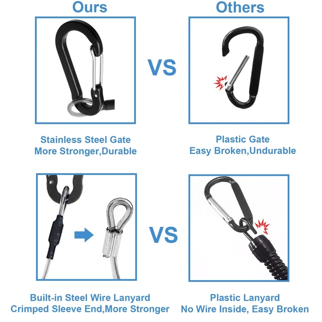 Alt view image 2 of 7 - Detachable Spiral Stretchy Coiled Lanyard with Carabiner | Ring and Quick Release Type, Outdoor Hunting Fishing Equipment Tool Tether Leash, Black 4pcs