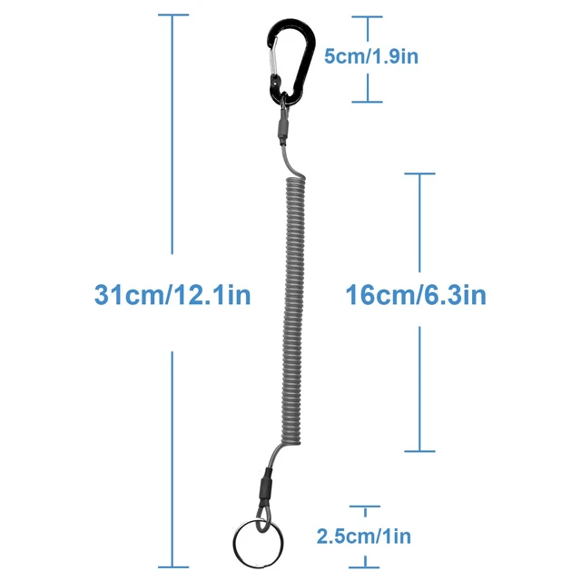 Alt view image 3 of 7 - Detachable Spiral Stretchy Coiled Lanyard with Carabiner | Ring and Quick Release Type, Outdoor Hunting Fishing Equipment Tool Tether Leash, Black 4pcs