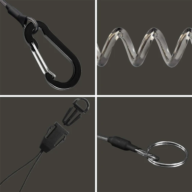 Alt view image 7 of 7 - Detachable Spiral Stretchy Coiled Lanyard with Carabiner | Ring and Quick Release Type, Outdoor Hunting Fishing Equipment Tool Tether Leash, Black 4pcs