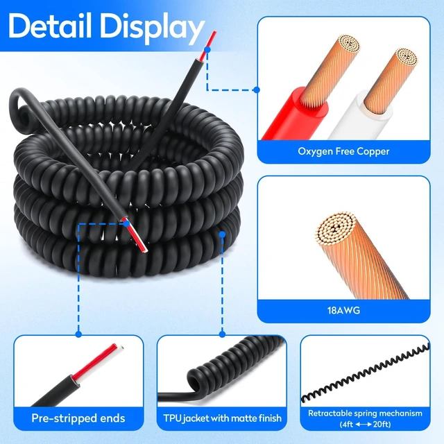 Alt view image 2 of 4 - 4-20-2 Wire Coil Cord 20/2 20 Foot Coiled Extension Cord | 18AWG/2 18/2 2C Retractable Spring Coil Wire, Heavy Duty Cable for Industrial Home Use