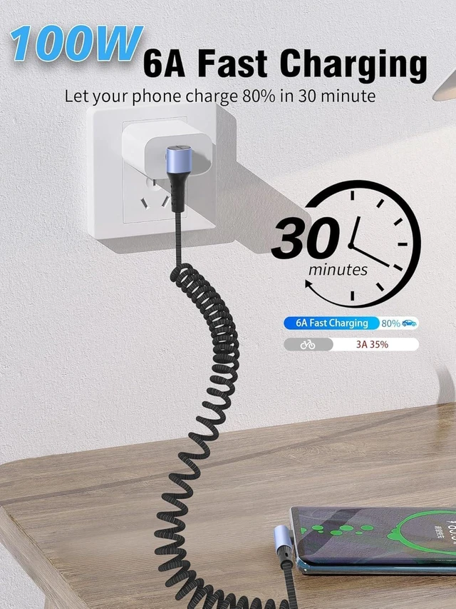 Alt view image 2 of 7 - 90 Degree Coiled USB C to USB C Braided Charging Cable | Side to Right Angle, 0.3M-1.5M, 100W, Retractable Spiral, Fast Charging