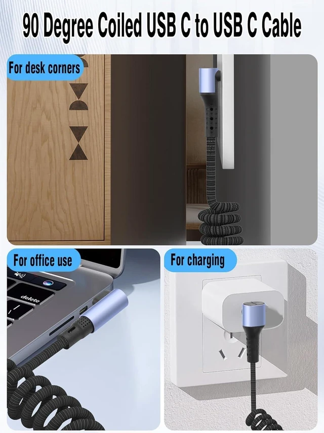 Alt view image 4 of 7 - 90 Degree Coiled USB C to USB C Braided Charging Cable | Side to Right Angle, 0.3M-1.5M, 100W, Retractable Spiral, Fast Charging