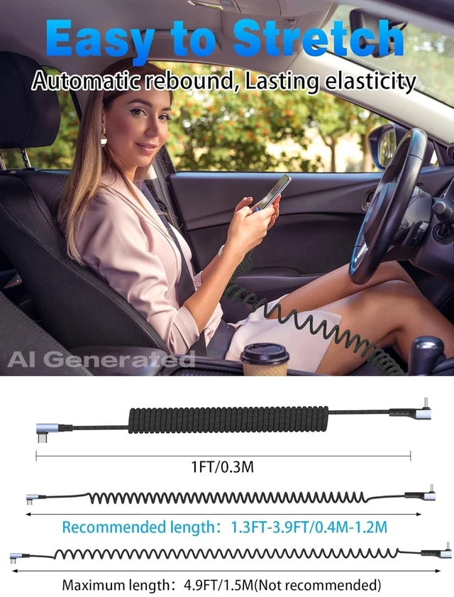Alt view image 5 of 7 - 90 Degree Coiled USB C to USB C Braided Charging Cable | Side to Right Angle, 0.3M-1.5M, 100W, Retractable Spiral, Fast Charging