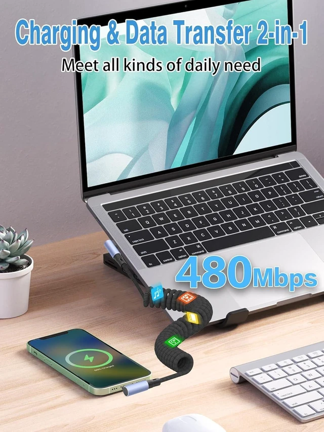 Alt view image 6 of 7 - 90 Degree Coiled USB C to USB C Braided Charging Cable | Side to Right Angle, 0.3M-1.5M, 100W, Retractable Spiral, Fast Charging