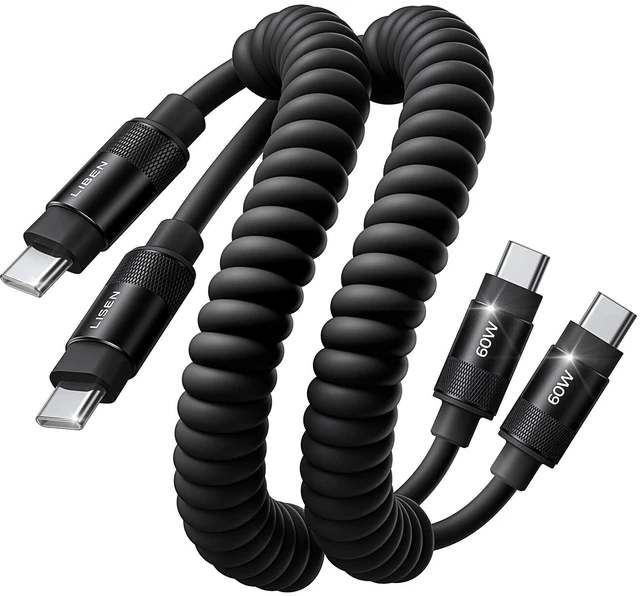 Main image of Coiled USB C to USB C Cable 2 Pack 60W Android Auto Cable | for Car CarPlay Cord Durable Silicone Chubby USB C to USB C Cord for iPhone 17/16 Pro Max, Samsung Galaxy S25, Black 3.5FT