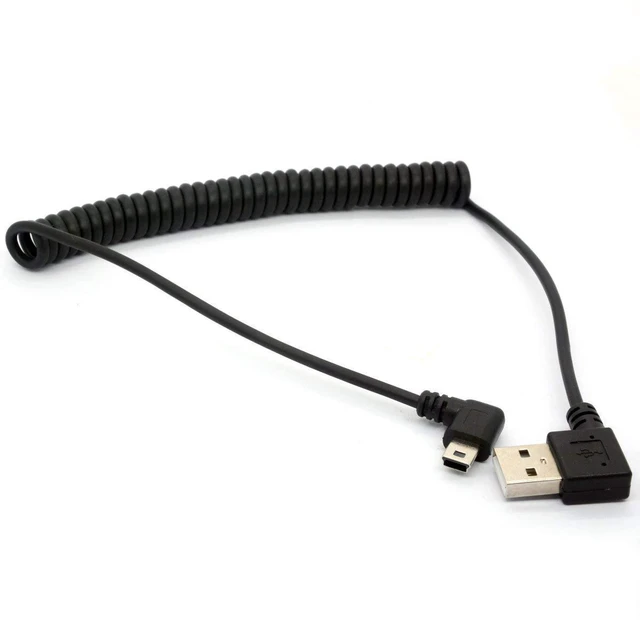 Main image of Coiled Mini USB Cable, 90 Degree Spring USB 2.0 to Mini USB Cable Cord | Right Angle Charging and Sygn Mini USB Adapter Lead 1.5meter