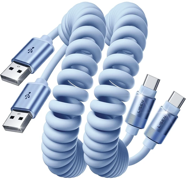 Main image of Chubby Cable, Coiled Cable 2 Pack Car Play Cord | for Android Auto Short USB A to USB C Cable for iPhone 17/16/15, Samsung Galaxy S25/S24 A15/A14, Google Pixel 9/8, Blue 4FT