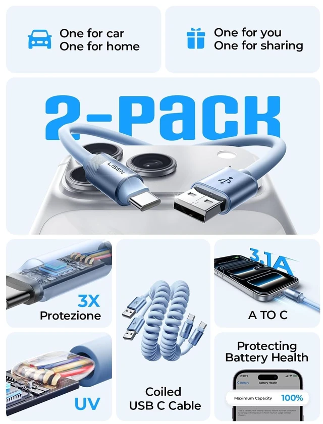 Alt view image 2 of 7 - Chubby Cable, Coiled Cable 2 Pack Car Play Cord | for Android Auto Short USB A to USB C Cable for iPhone 17/16/15, Samsung Galaxy S25/S24 A15/A14, Google Pixel 9/8, Blue 4FT