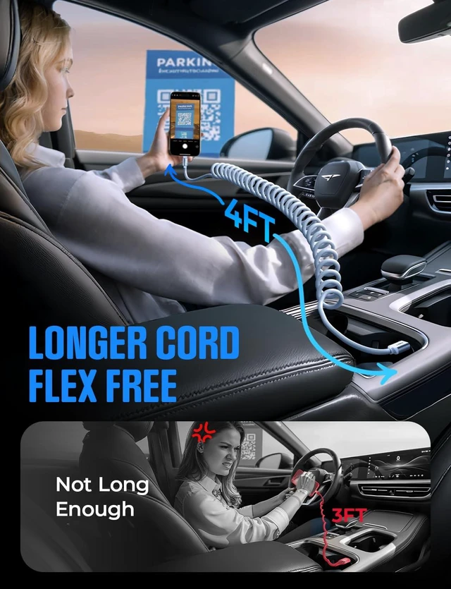 Alt view image 4 of 7 - Chubby Cable, Coiled Cable 2 Pack Car Play Cord | for Android Auto Short USB A to USB C Cable for iPhone 17/16/15, Samsung Galaxy S25/S24 A15/A14, Google Pixel 9/8, Blue 4FT