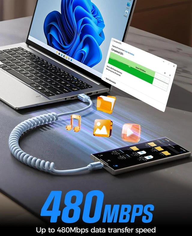 Alt view image 7 of 7 - Chubby Cable, Coiled Cable 2 Pack Car Play Cord | for Android Auto Short USB A to USB C Cable for iPhone 17/16/15, Samsung Galaxy S25/S24 A15/A14, Google Pixel 9/8, Blue 4FT