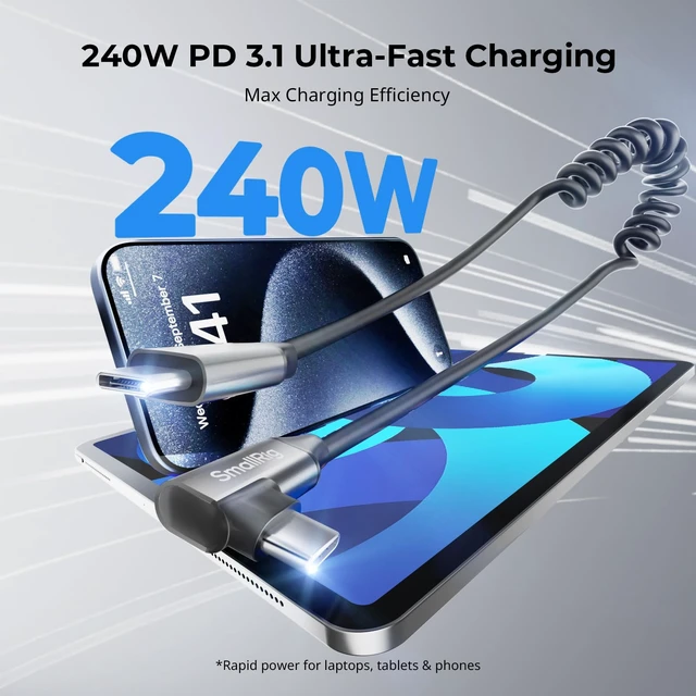 Alt view image 2 of 7 - USB C to USB C Coiled Data Cable (Straight to Angled), 240W PD 3.1 Fast Charging Cable, USB 2.0 Data Transfer, TPU Coiled Design, Aluminum Alloy Shell for iPhone, Laptops, Tablets & More-5730