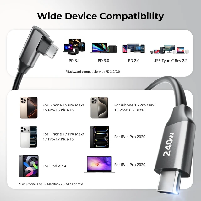 Alt view image 3 of 7 - USB C to USB C Coiled Data Cable (Straight to Angled), 240W PD 3.1 Fast Charging Cable, USB 2.0 Data Transfer, TPU Coiled Design, Aluminum Alloy Shell for iPhone, Laptops, Tablets & More-5730