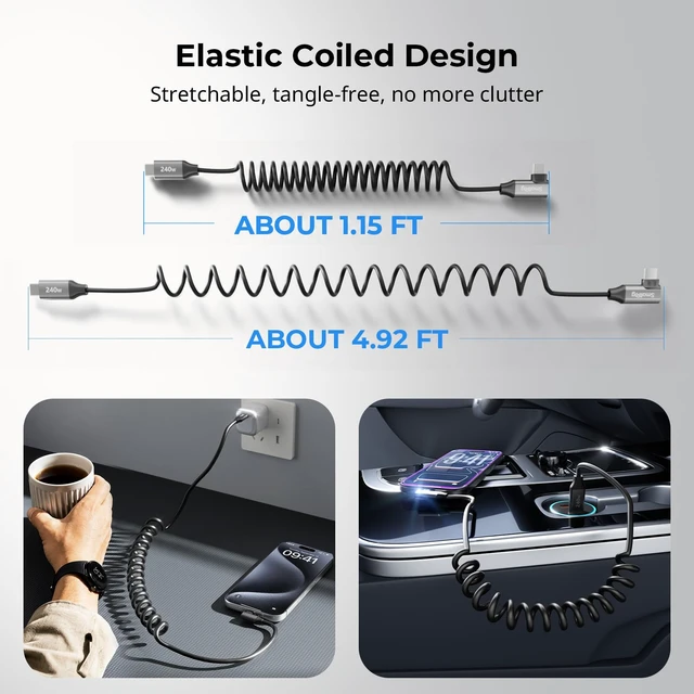 Alt view image 4 of 7 - USB C to USB C Coiled Data Cable (Straight to Angled), 240W PD 3.1 Fast Charging Cable, USB 2.0 Data Transfer, TPU Coiled Design, Aluminum Alloy Shell for iPhone, Laptops, Tablets & More-5730
