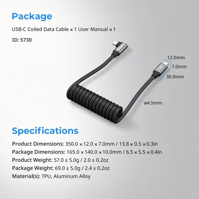 Alt view image 7 of 7 - USB C to USB C Coiled Data Cable (Straight to Angled), 240W PD 3.1 Fast Charging Cable, USB 2.0 Data Transfer, TPU Coiled Design, Aluminum Alloy Shell for iPhone, Laptops, Tablets & More-5730