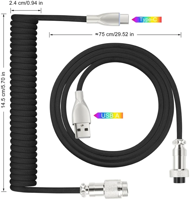 Alt view image 2 of 4 - USB C Keyboard Cable, USB C to USB A Cable for Gaming Coiled Keyboard, Braided Detachable Metal Aviator Connector Double Sleeved 6FT(Black)