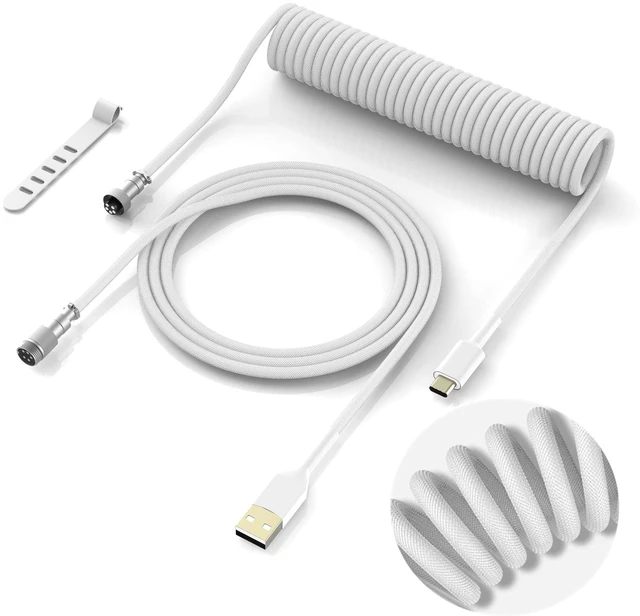 Main image of Coiled Keyboard Cable - Detachable Aviator Coiled Cable White | Coiled Cable for Mechanical Gaming Keyboard, Type C to USB A Mix 5.9in for Gaming Key board and Cellphone, White