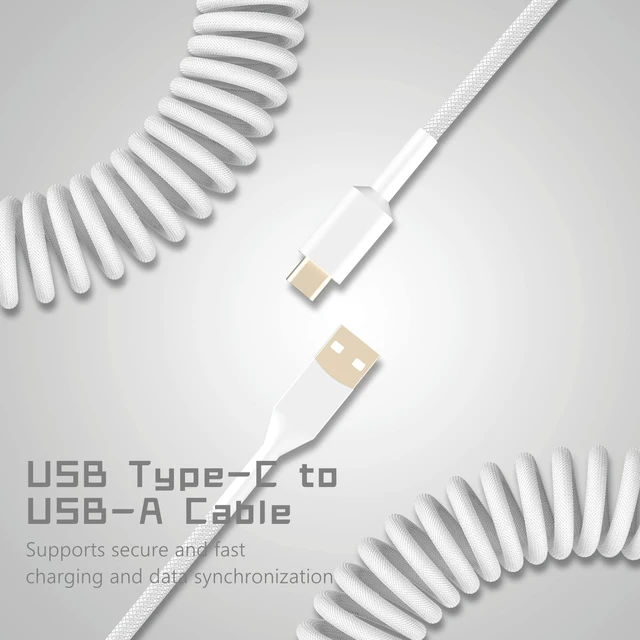 Alt view image 5 of 6 - Coiled Keyboard Cable - Detachable Aviator Coiled Cable White | Coiled Cable for Mechanical Gaming Keyboard, Type C to USB A Mix 5.9in for Gaming Key board and Cellphone, White