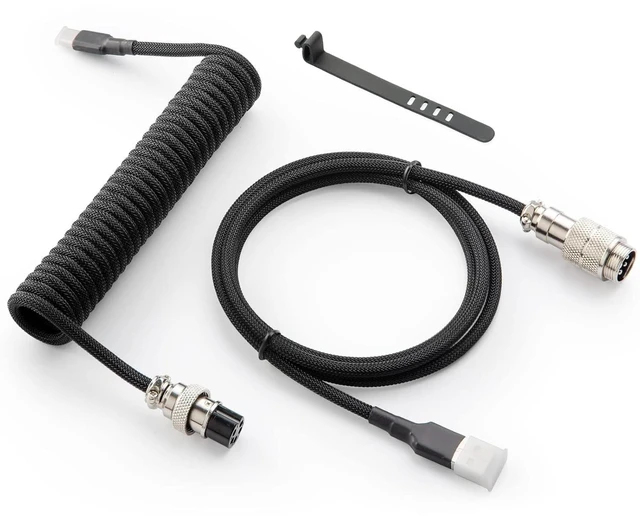 Main image of Pro Custom Coiled USB C Cable for Gaming Keyboard, Double-Sleeved Mechanical Keyboard Cable with Detachable Metal Aviator, 1.5M USB-C to USB-A, Classic Black Color
