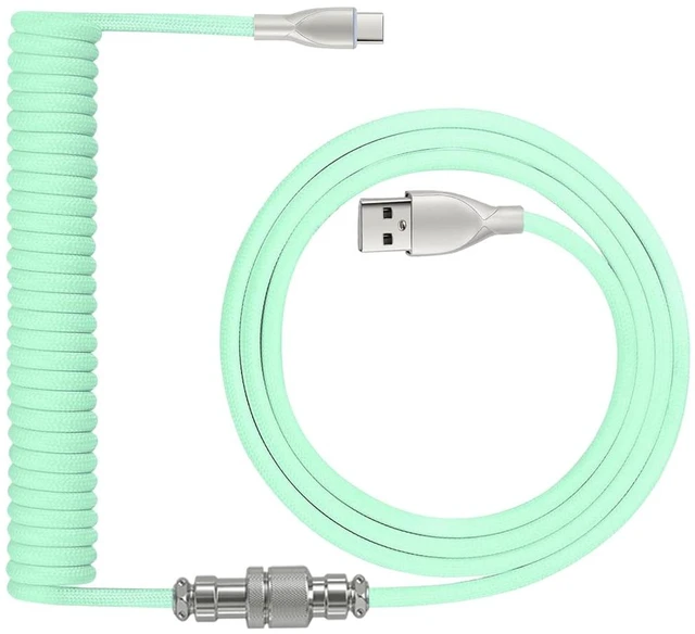 Main image of Coiled Keyboard Cable: 1.5M USB-C to USB-A Braided Cord with Detachable Aviator Connector, Durable & Tangle-Free for Custom & Mechanical Gaming Keyboards (Green)