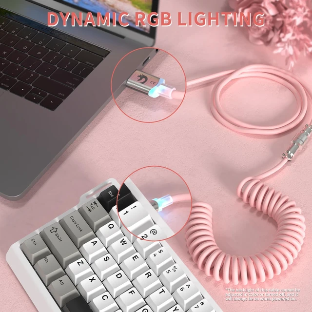 Alt view image 2 of 7 - C01 Ultra RGB Coiled Keyboard Cable,Pro Custom USB-C Aviator Cable for Gaming Keyboards,Stable Dual-Sleeved Design,2m Type-C to USB-A Hyper-Speed,Detachable Metal Aviator for PC Gamer,Pink