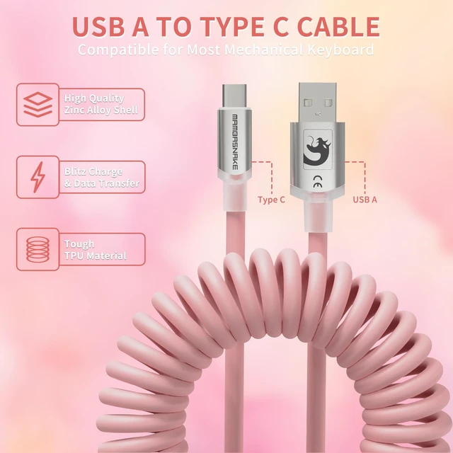 Alt view image 5 of 7 - C01 Ultra RGB Coiled Keyboard Cable,Pro Custom USB-C Aviator Cable for Gaming Keyboards,Stable Dual-Sleeved Design,2m Type-C to USB-A Hyper-Speed,Detachable Metal Aviator for PC Gamer,Pink