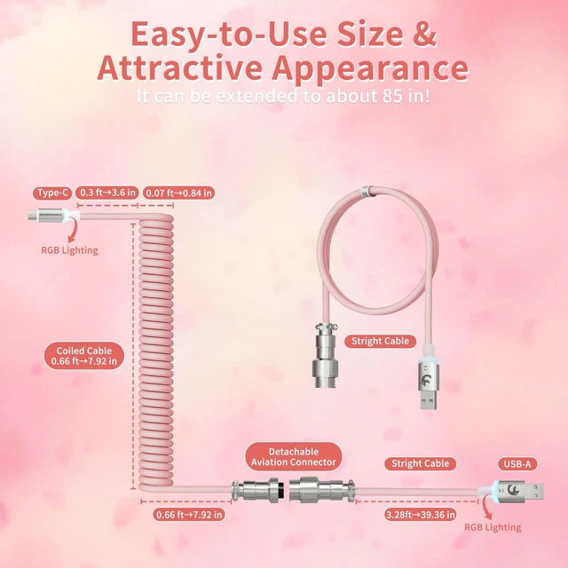 Alt view image 7 of 7 - C01 Ultra RGB Coiled Keyboard Cable,Pro Custom USB-C Aviator Cable for Gaming Keyboards,Stable Dual-Sleeved Design,2m Type-C to USB-A Hyper-Speed,Detachable Metal Aviator for PC Gamer,Pink