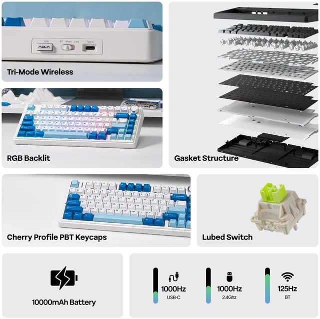 Alt view image 3 of 7 - x Aula F75 Ultra Wireless Gaming Keyboard with Knob, 10000mAh, Hot Swap, RGB, PBT Keycap, Creamy Sound, VIA, 75% Mechanical Keyboard for Win/Mac (Blue, Reaper)