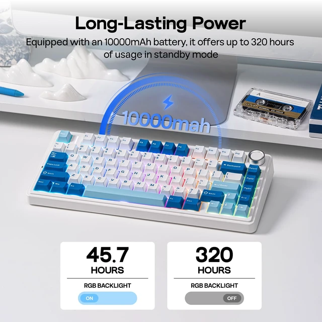 Alt view image 4 of 7 - x Aula F75 Ultra Wireless Gaming Keyboard with Knob, 10000mAh, Hot Swap, RGB, PBT Keycap, Creamy Sound, VIA, 75% Mechanical Keyboard for Win/Mac (Blue, Reaper)