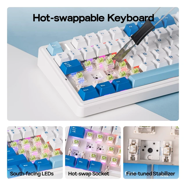 Alt view image 6 of 7 - x Aula F75 Ultra Wireless Gaming Keyboard with Knob, 10000mAh, Hot Swap, RGB, PBT Keycap, Creamy Sound, VIA, 75% Mechanical Keyboard for Win/Mac (Blue, Reaper)