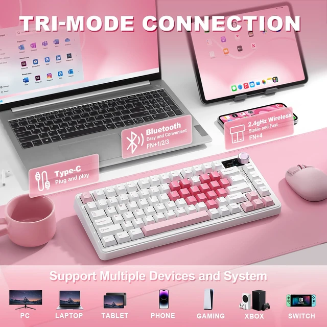 Alt view image 4 of 7 - B75 PRO MAX 75% Mechanical Keyboard (White Heart,Candy Switch) | QMK/VIA, Wireless Keyboard with Screen and Knob, Custom Hot Swap, Gasket Mount, Creamy Switches, RGB for Gaming/Win/Mac