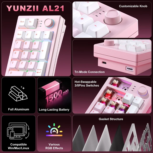 Alt view image 2 of 7 - AL21 Aluminum Wireless Number Pad (Pink, Cocoa Cream V2 Switch) | CNC Aluminum Mechanical Numpad with Knob, Wired/BT/2.4G RGB Numpad, Programmable Numeric Keypad RGB Hot-Swappable for Win/Mac