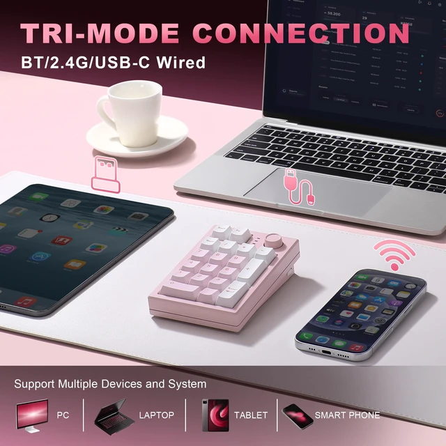 Alt view image 3 of 7 - AL21 Aluminum Wireless Number Pad (Pink, Cocoa Cream V2 Switch) | CNC Aluminum Mechanical Numpad with Knob, Wired/BT/2.4G RGB Numpad, Programmable Numeric Keypad RGB Hot-Swappable for Win/Mac