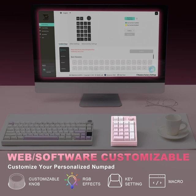 Alt view image 4 of 7 - AL21 Aluminum Wireless Number Pad (Pink, Cocoa Cream V2 Switch) | CNC Aluminum Mechanical Numpad with Knob, Wired/BT/2.4G RGB Numpad, Programmable Numeric Keypad RGB Hot-Swappable for Win/Mac