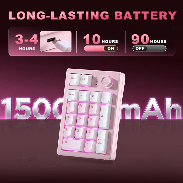 Alt view image 7 of 7 - AL21 Aluminum Wireless Number Pad (Pink, Cocoa Cream V2 Switch) | CNC Aluminum Mechanical Numpad with Knob, Wired/BT/2.4G RGB Numpad, Programmable Numeric Keypad RGB Hot-Swappable for Win/Mac