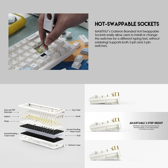 Alt view image 5 of 7 - Maxfit67 65% Wireless Mechanical Keyboard, Hot Swap Yellow Switch