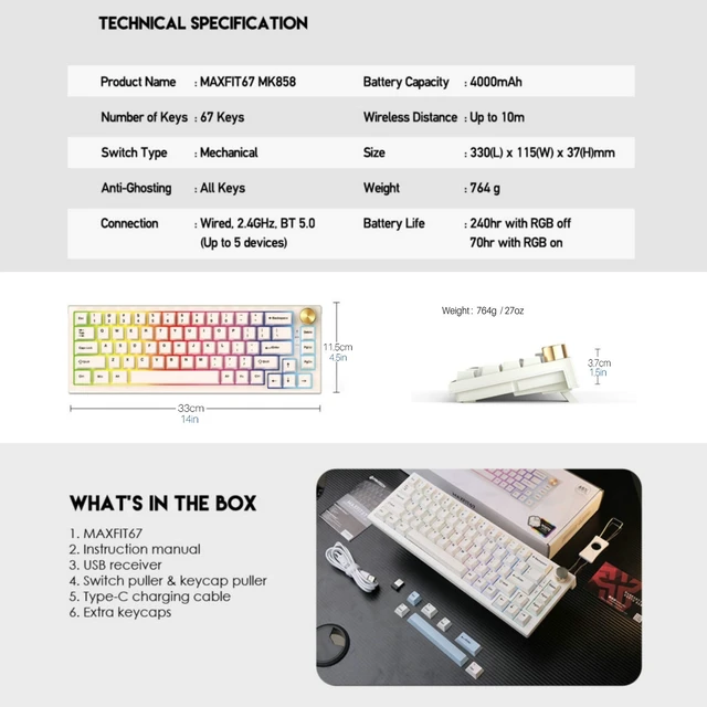Alt view image 7 of 7 - Maxfit67 65% Wireless Mechanical Keyboard, Hot Swap Yellow Switch