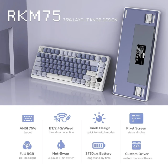 Alt view image 2 of 7 - M75 Mechanical Keyboard with OLED Smart Display and Volume Knob, 2.4G/USB-C/BT Gasket Mounted 75% Layout Wireless Gaming Keyboard with 81 Keys, RGB Backlit Hot-Swappable Red Switch