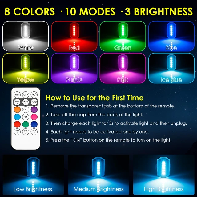 Alt view image 4 of 7 - Upgraded 6PCS Wireless Strobe Lights for Car Motorcycle Bike Remote Bright 5 LEDs Anti Collision Lighting USB-C Rechargeable RGB Mini Exterior Warning Flashing Interior Ambient Light IP67 Waterproof