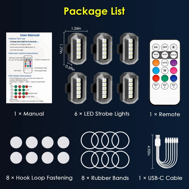 Alt view image 7 of 7 - Upgraded 6PCS Wireless Strobe Lights for Car Motorcycle Bike Remote Bright 5 LEDs Anti Collision Lighting USB-C Rechargeable RGB Mini Exterior Warning Flashing Interior Ambient Light IP67 Waterproof