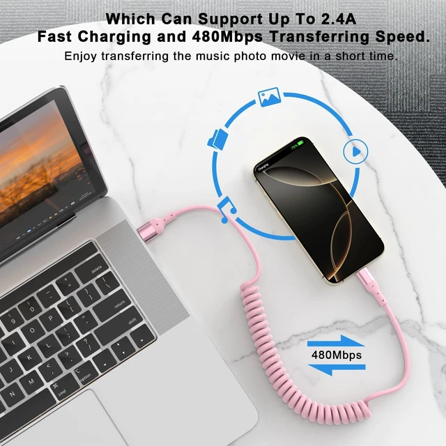 Alt view image 3 of 7 - Apple MFi Certified Retractable Car CarPlay Cable 5ft, 60W USB A to USB C | Fast Charging & Data Sync Cord for iPhone 17/17 Pro Max/16 Pro/15, iPad, Galaxy, Pixel, Tangled Free, Space Saving Design