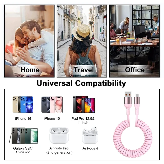 Alt view image 4 of 7 - Apple MFi Certified Retractable Car CarPlay Cable 5ft, 60W USB A to USB C | Fast Charging & Data Sync Cord for iPhone 17/17 Pro Max/16 Pro/15, iPad, Galaxy, Pixel, Tangled Free, Space Saving Design