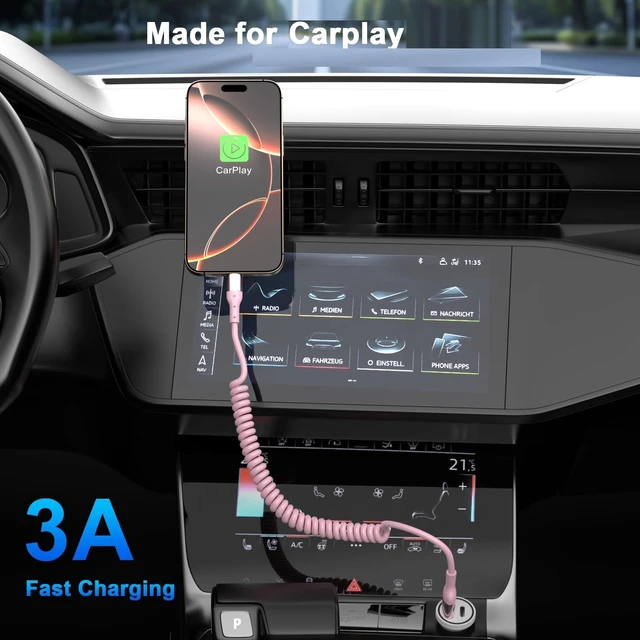 Alt view image 6 of 7 - Apple MFi Certified Retractable Car CarPlay Cable 5ft, 60W USB A to USB C | Fast Charging & Data Sync Cord for iPhone 17/17 Pro Max/16 Pro/15, iPad, Galaxy, Pixel, Tangled Free, Space Saving Design