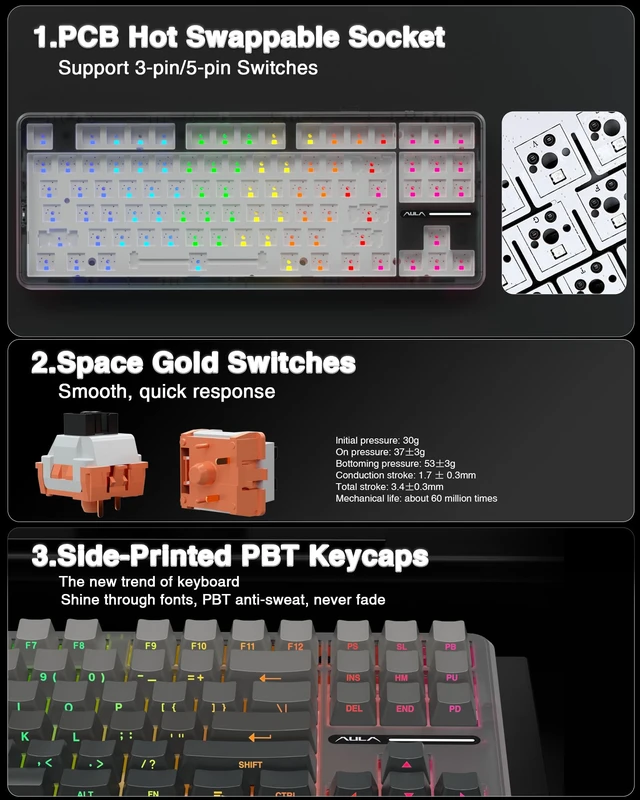 Alt view image 5 of 7 - F87 Pro Wireless Mechanical Keyboard,Tri-Mode BT5.0/2.4GHz/USB-C Hot Swappable Custom Keyboard,Pre-lubed Switches,Side Printed PBT Keycaps,75% TKL RGB Backlit Gaming Keyboards