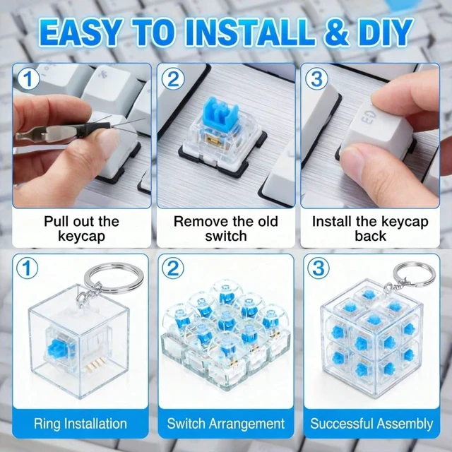 Alt view image 7 of 7 - 50 Pcs Blue Clicky Mechanical Keyboard Switches, 3 Pin Tactile Clicker Kit | with 10 Extra Key Rings, MX Switches for 3D Print Clickers & Fidget Clicker Insert