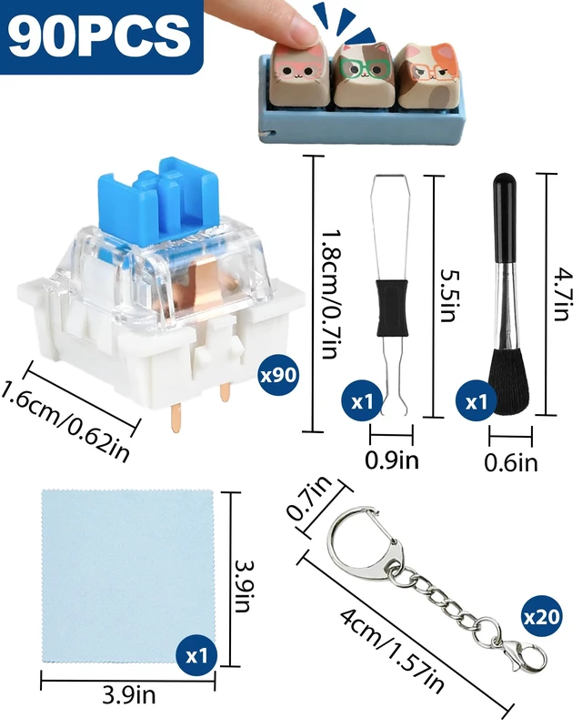 Alt view image 2 of 6 - 90PCS 3D Printer Clicker Kit, Mechanical Keyboard Switch Set | Include blue switches, 20 key rings, 3D print tools, crisp clicks, tactile feedback for DIY fidgets, keyboard testing