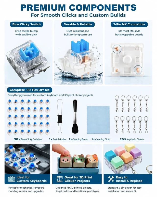 Alt view image 3 of 6 - 90PCS 3D Printer Clicker Kit, Mechanical Keyboard Switch Set | Include blue switches, 20 key rings, 3D print tools, crisp clicks, tactile feedback for DIY fidgets, keyboard testing